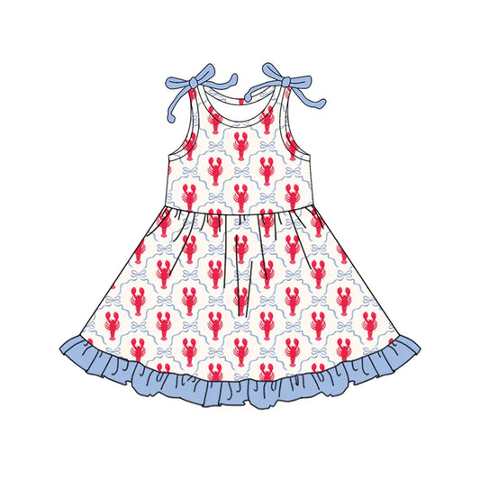 Preorder (moq 5)Baby Girls Sleeveless Bows Crayfishes Checked Ruffle Knee Length Dresses 12.17
