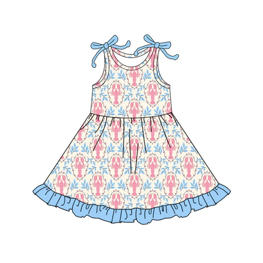 Preorder (moq 5)Baby Girls Sleeveless Flowers Crayfishes Checked Ruffle Knee Length Dresses 12.17