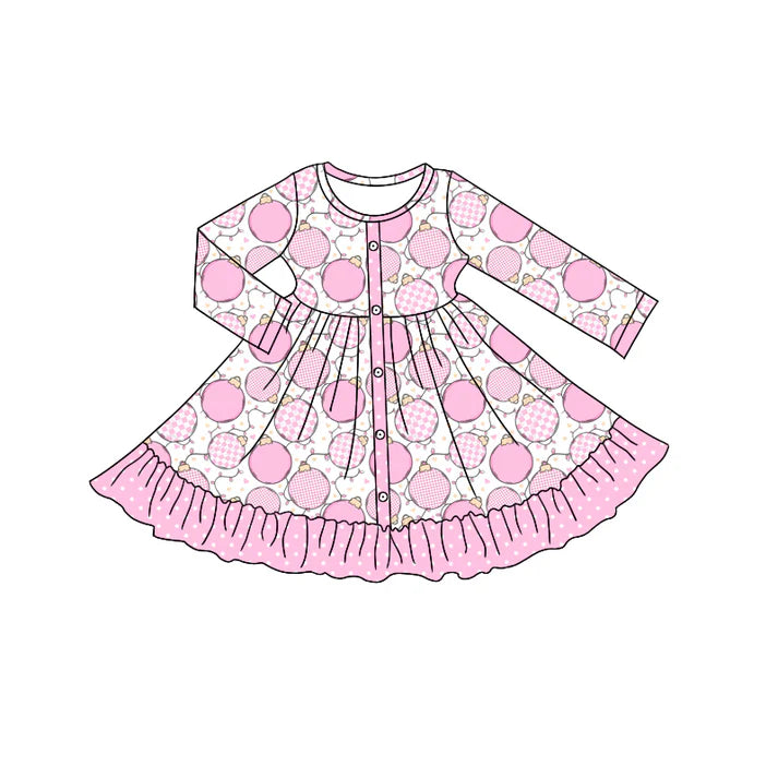 Preorder moq 5 Baby Girls Long Sleeves Pink Bulbs Plaid Button Ruffle Knee Length Dresses 5.7