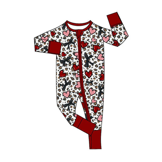 Preorder (moq 5)Baby Girls Leopard Bows Hearts Valentines Two Way Zip Convertible Rompers 11.8