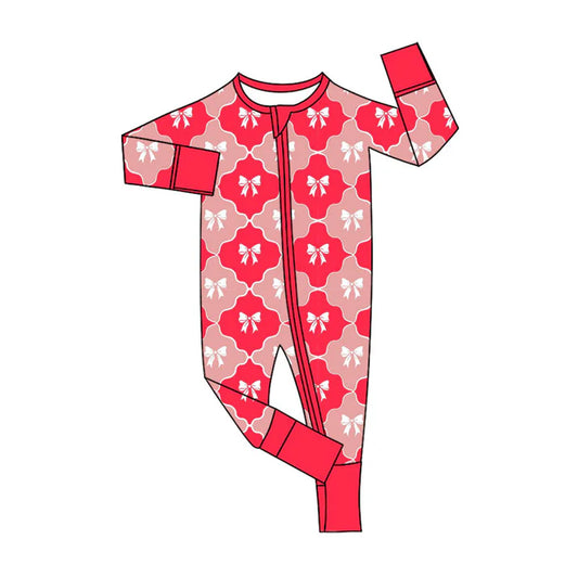 Preorder (moq 5)Baby Girls Pink Bows Checked Valentines Two Way Zip Convertible Rompers 11.8