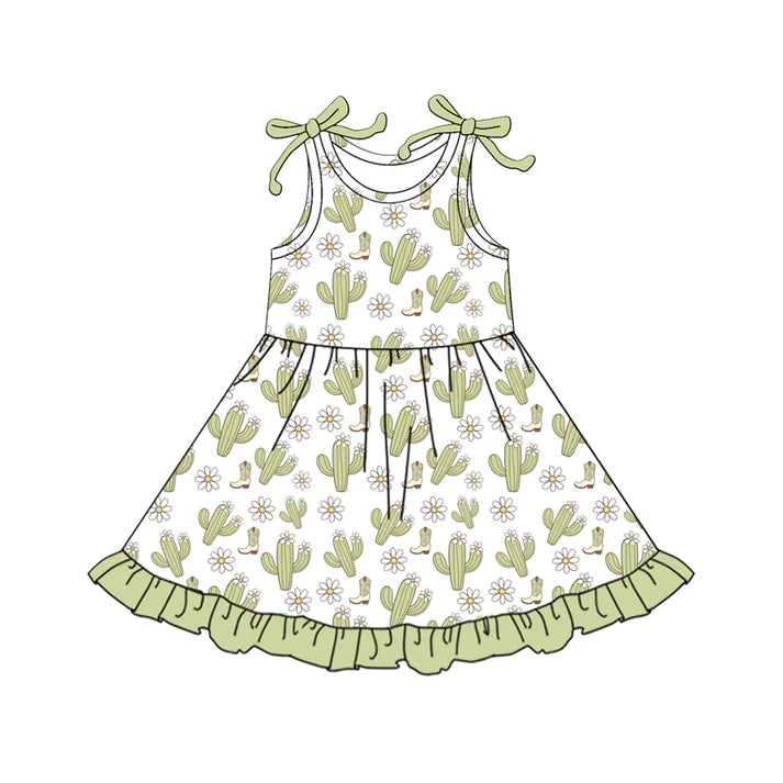 Preorder (moq 5)Baby Girls Bows Sleeveless Cactus Boots Flowers Western Ruffle Knee Length Dresses 12.18
