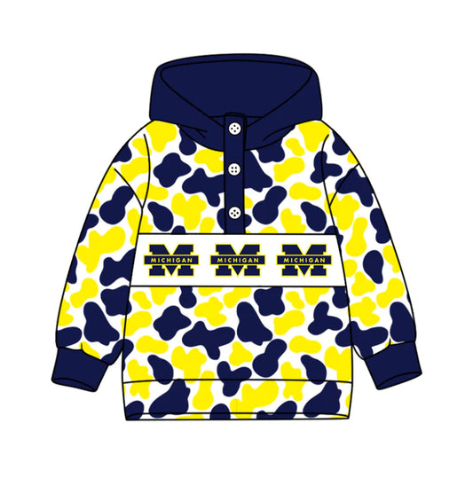 Preorder(moq 8)Baby Boys Navy Yellow Camo Michigan Team Button Hoodies Top 10.11