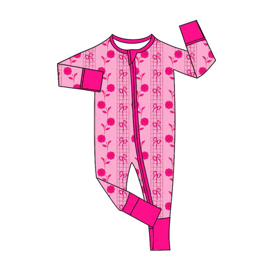 Preorder (moq 5)Baby Girls Pink Flowers Bows Stripe Valentines Two Way Zip Convertible Rompers 11.8