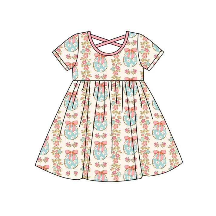 Preorder (moq 8)Baby Girls Eggs Flowers Stripe Short Sleeve Easter Knee Length Dresses 9.12