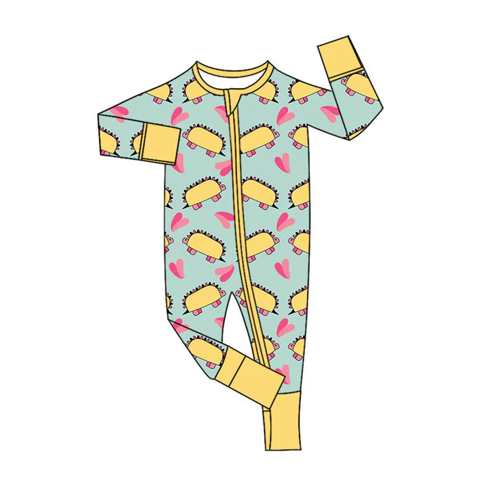 Preorder (moq 5)Baby Girls Hearts Dinosaurs Valentines Two Way Zip Convertible Rompers 11.8