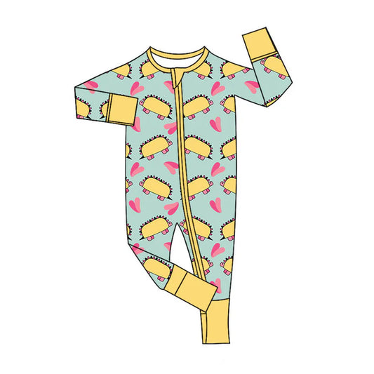 Preorder (moq 5)Baby Girls Hearts Dinosaurs Valentines Two Way Zip Convertible Rompers 11.8