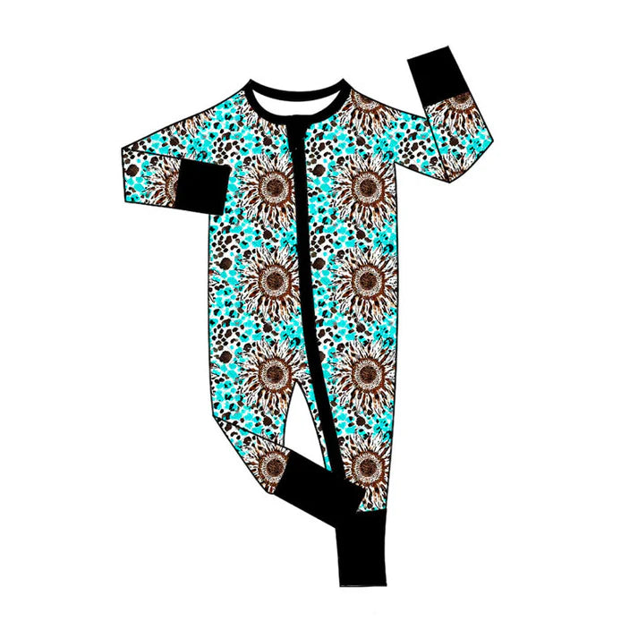 Preorder (moq 5)Baby Girls Blue Leopard Sunflowers Two Way Zip Convertible Rompers 11.8
