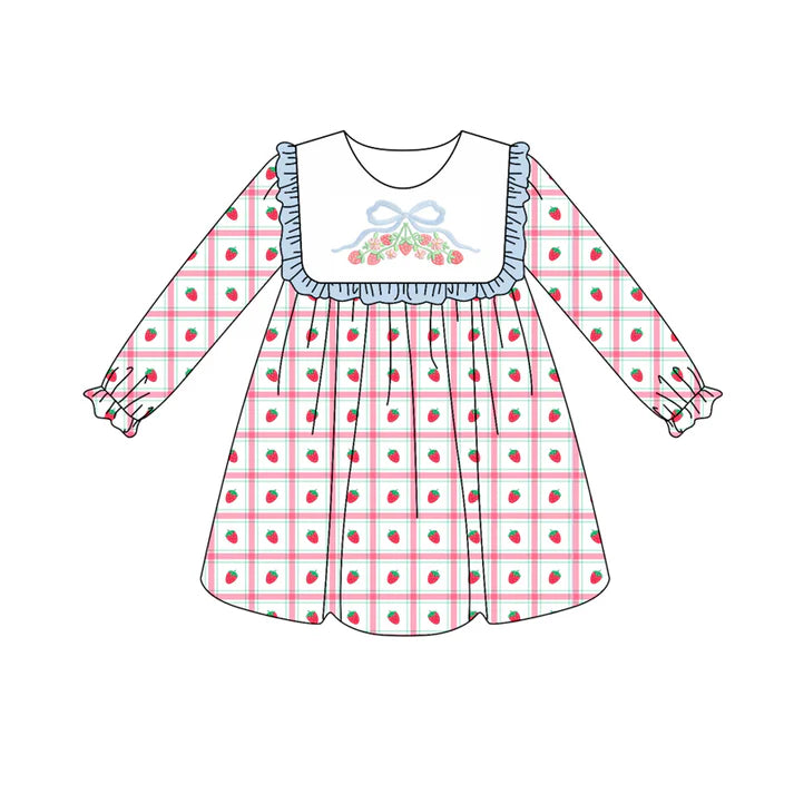 Preorder (moq 5)Baby Girls Long Ruffle Sleeves Strawberry Plaid Knee Length Dresses 6.11