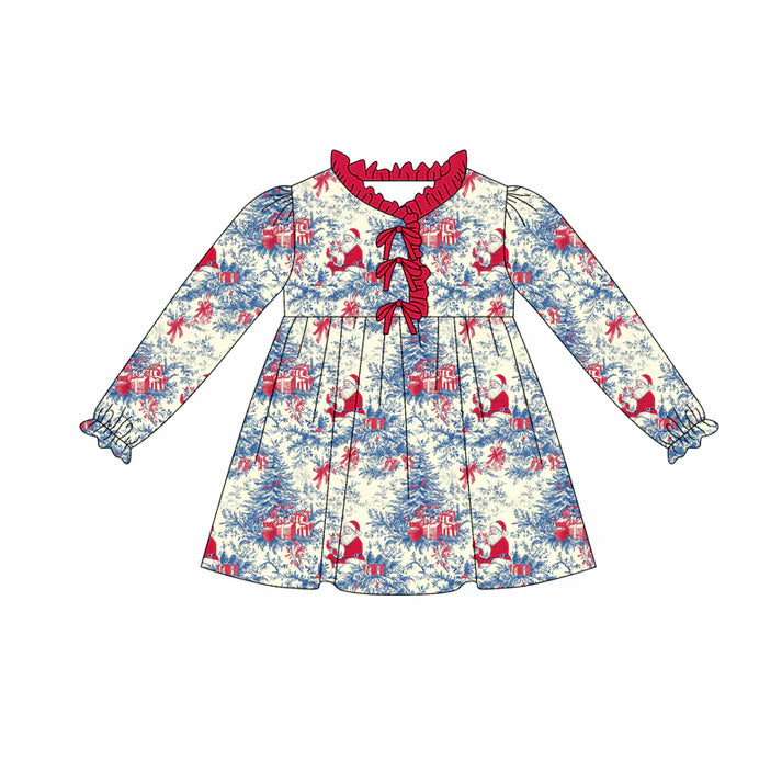 Preorder (moq 5)Baby Girls Long Ruffle Sleeves Santa Floral Knee Length Dresses 7.28