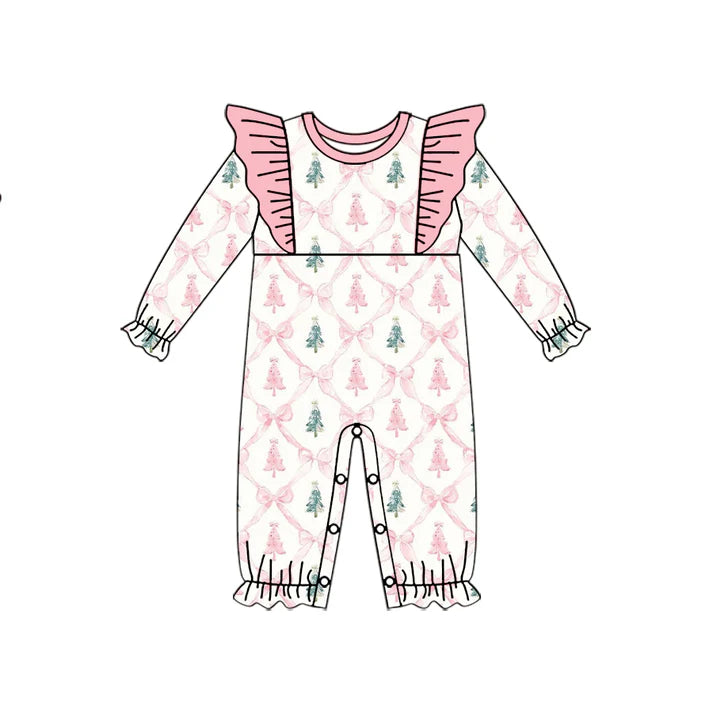 Preorder (moq 5)Baby Girls Long Sleeves Pink Bows Tress Plaid Ruffle Rompers 5.19