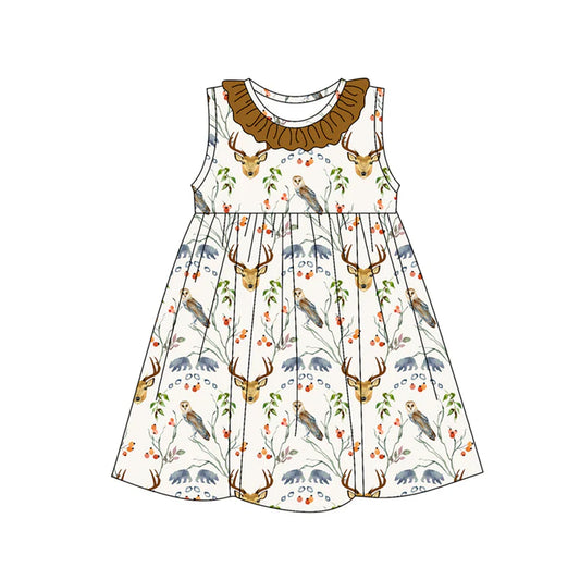 Preorder (moq 5)Baby Girls Brown Sleeveless Deer Floral Knee Length Dresses 5.14