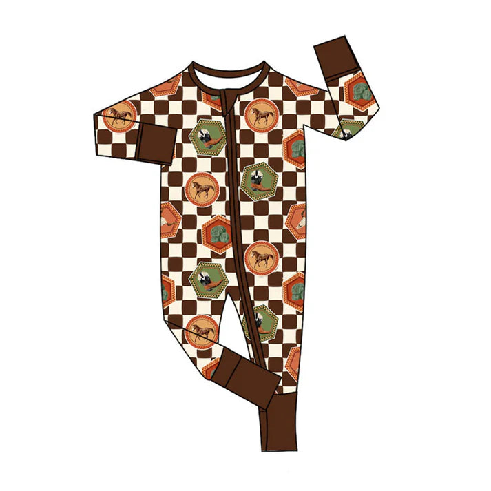 Preorder (moq 5)Baby Boys Boots Horses Checked Western Two Way Zip Convertible Rompers 11.8