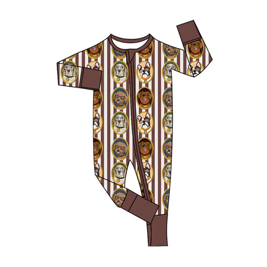 Preorder (moq 5)Baby Boys Brown Stripe Dogs Two Way Zip Rompers 11.8