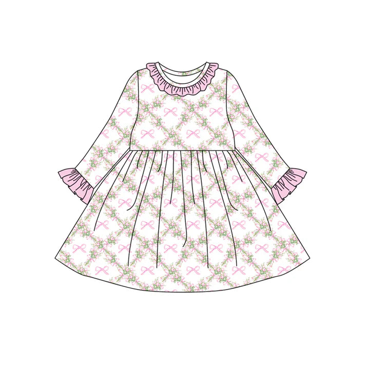 Preorder(moq 5) Baby Girls Long Ruffle Sleeves Pink Bows Flowers Plaid Knee Length Dresses 7.24