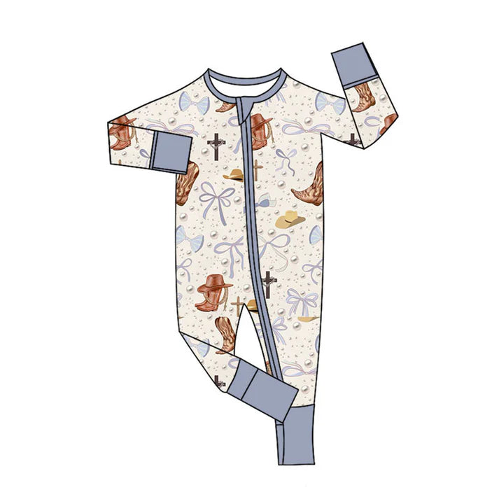 Preorder (moq 5)Baby Boys Boots Hats Bows Western Two Way Zip Convertible Rompers 11.8