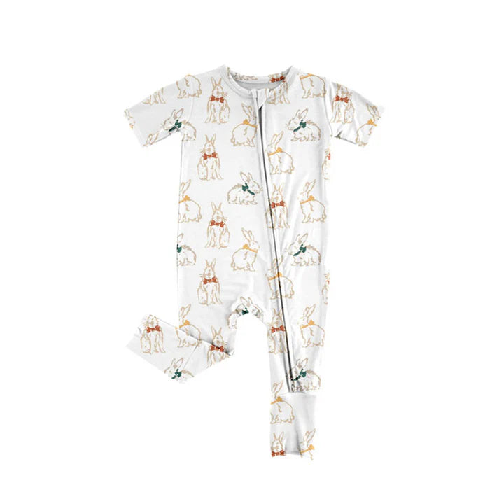 Preorder (moq 5)Baby Girls Bow Rabbits Easter Two Way Zip Convertible Rompers 11.8