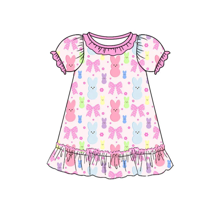 Preorder (moq 8)Baby Girls Colorful Flowers Rabbits Easter Ruffle Knee Length Dresses 9.17