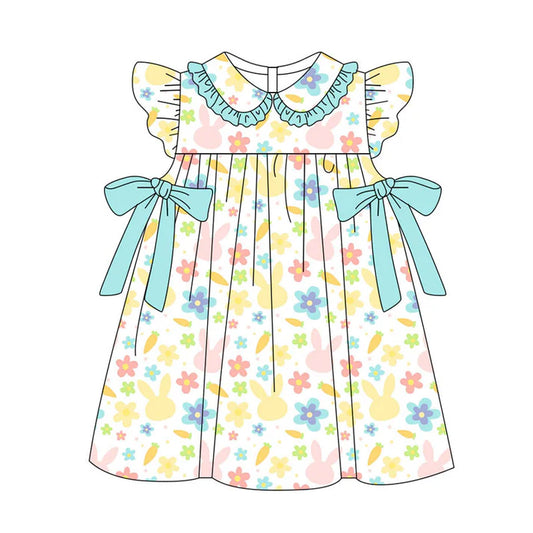 Preorder(moq 5) Baby Girls Flutter Sleeve Colorful Rabbits Flowers Bows Easter Knee Length Dresses 11.11