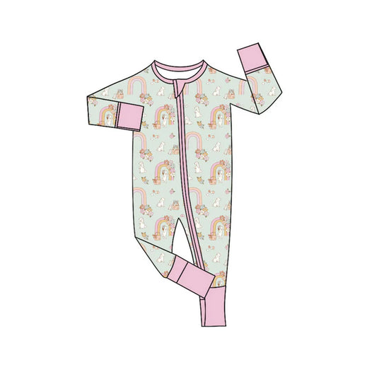Preorder (moq 5)Baby Girls Rainbows Rabbits Easter Two Way Zip Convertible Rompers 11.10