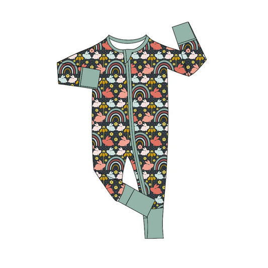 Preorder (moq 5)Baby Girls Rabbits Flowers Easter Zipper Footie Rompers 10.9