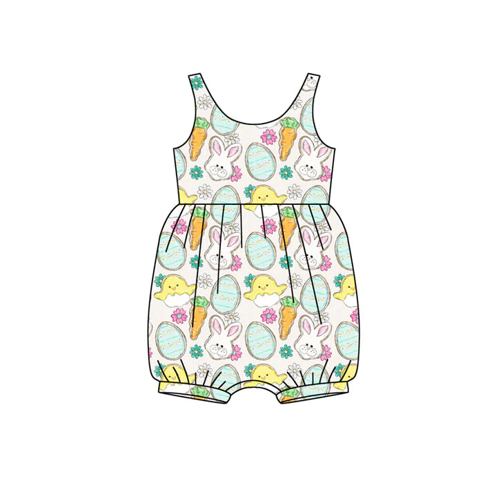Preorder (moq 5)Baby Girls Sleeveless Rabbits Eggs Flowers Easter Ruffle Rompers 12.13
