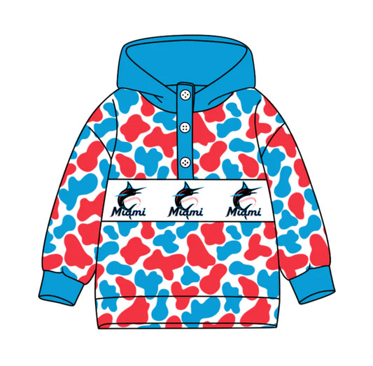 Preorder(moq 5)Baby Boys Blue Peach Camo Miami Team Button Hoodies Top 10.11