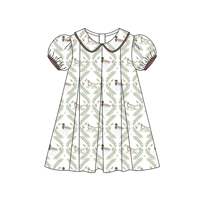 Preorder (moq 5)Baby Girls Short Ruffle Sleeves Dogs Ducks Knee Length Dress 4.26