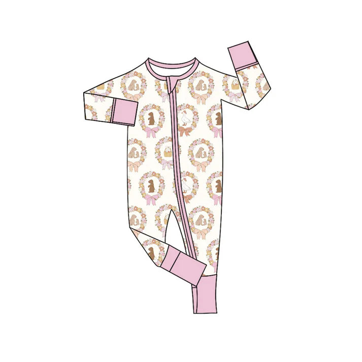 Preorder (moq 5)Baby Girls Holly Rabbits Eggs Easter Two Way Zip Convertible Rompers 11.10