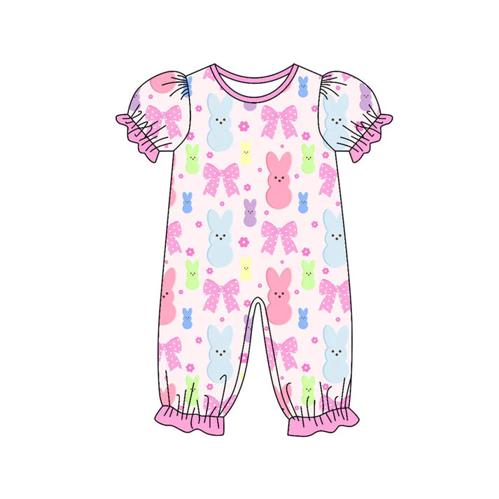 Preorder (moq 8)Baby Girls Colorful Flowers Rabbits Easter Ruffle Footie Rompers 9.17