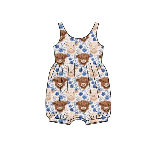 Preorder (moq 5)Baby Girls Sleeveless Highland Cows Flowers Western Ruffle Rompers 12.13
