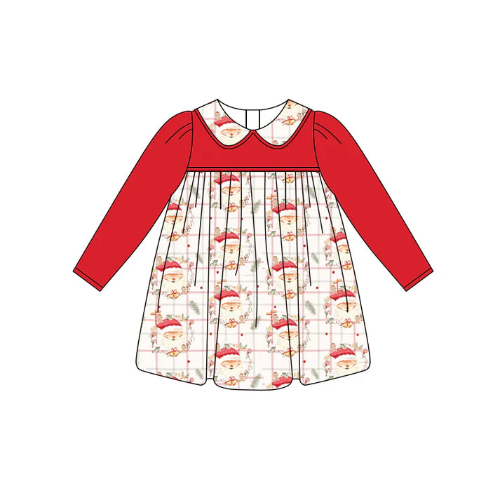 Preorder (moq 5)Baby Girls Red Long Sleeves Santa Plaid Knee Length Dresses 6.11