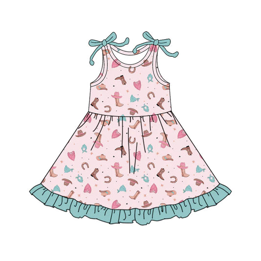Preorder (moq 5)Baby Girls Bows Sleeveless Boots Hats Western Ruffle Knee Length Dresses 12.18