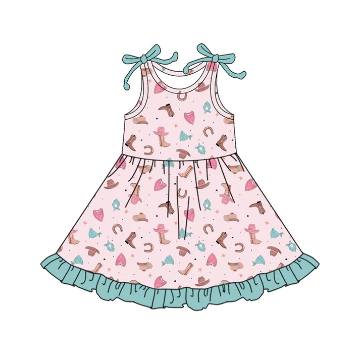 Preorder (moq 5)Baby Girls Bows Sleeveless Boots Hats Western Ruffle Knee Length Dresses 12.18