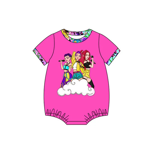 Preorder (moq 5)Baby Girls Pink Short Sleeve Cartoon Girls Flowers Ruffle Rompers 10.11