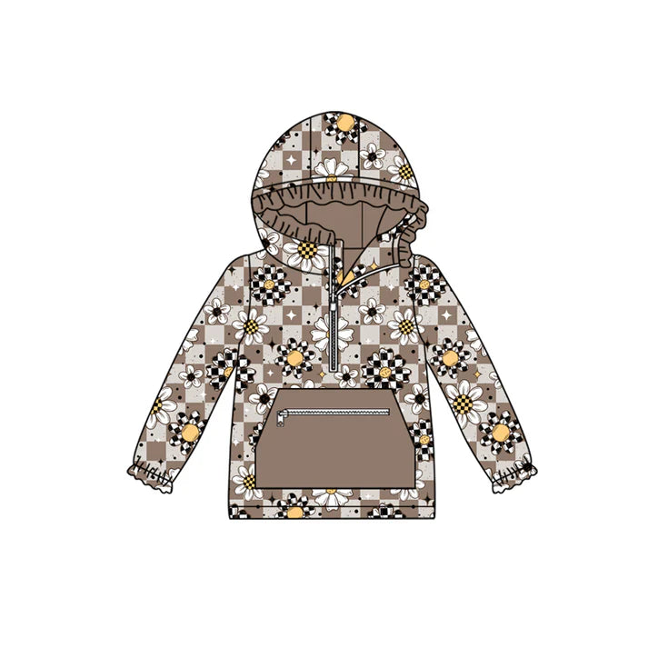 preorder(moq 5) Baby Girls Long Sleeves Khaki Flowers Plaid Pocket Zipper Hoodies Top 7.25