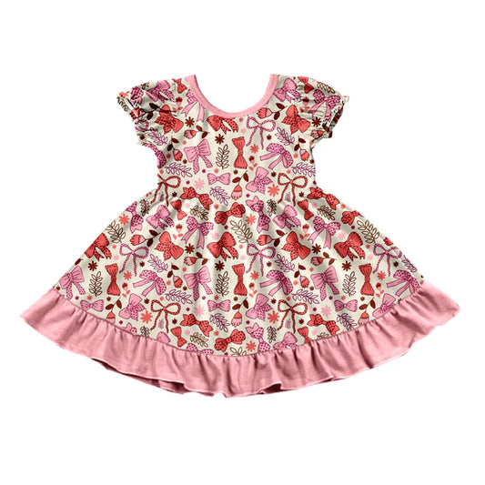 Preorder (moq 5)Baby Girls Pink Flowers Bows Ruffle Knee Length Dresses 12.6