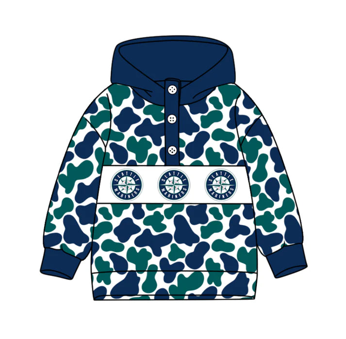 Preorder(moq 5)Baby Boys Blue Green Camo Seattle Team Button Hoodies Top 10.11