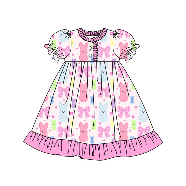 Preorder (moq 8)Baby Girls Colorful Flowers Rabbits Easter Button Ruffle Knee Length Dress 9.16