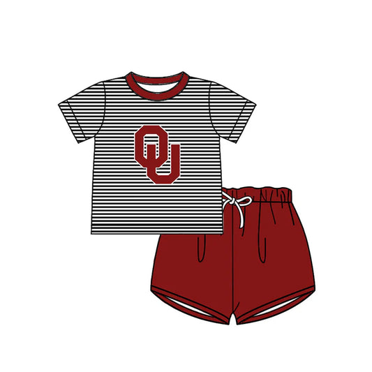 Preorder (moq 5)Baby Boys Black Stripe OU Top Red Shorts Team Clothes Sets 12.15