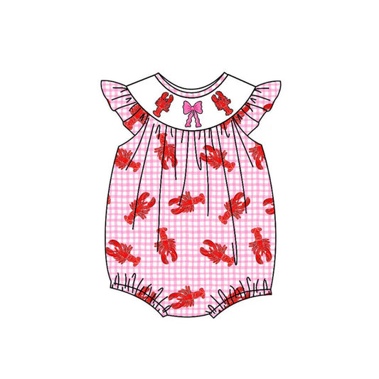 Preorder (moq 5)Baby Girls Pink Checked Flutter Sleeve Crayfishes Ruffle Rompers 11.4