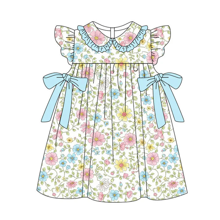 Preorder(moq 5) Baby Girls Flutter Sleeve Pink Blue Flowers Bows Knee Length Dresses 11.11