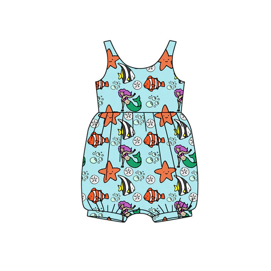 Preorder (moq 5)Baby Girls Sleeveless Cartoon Mermaid Fishes Ruffle Rompers 12.13