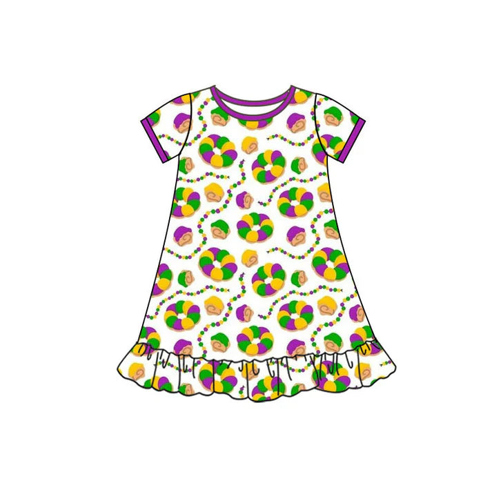 Preorder(moq 5) Baby Girls Mardigras Short Sleeve Donuts Plaid Ruffle Knee Length Dresses 10.10