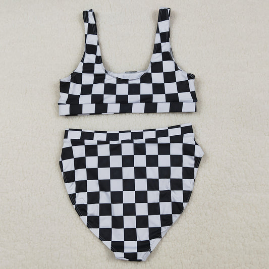 Adult Women Swimsuits Black Checkered Bra Top Bummies Bottom Swimsuits Sets S0738