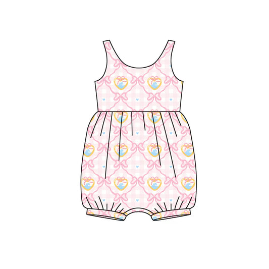 Preorder (moq 5)Baby Girls Sleeveless Pink Checked Bows Hearts Valentines Ruffle Rompers 12.13