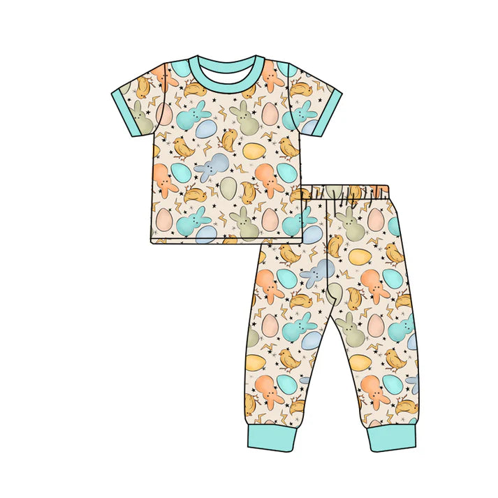 Preorder (moq 5)Baby Boys Colorful Rabbits Eggs Top Pants Easter Pajamas Sets 11.26