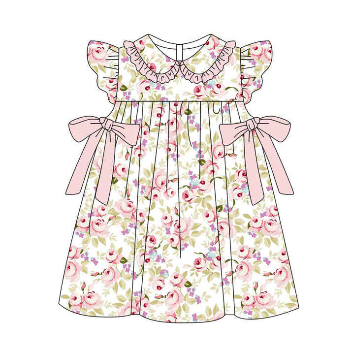 Preorder(moq 5) Baby Girls Flutter Sleeve Pink Flowers Bows Knee Length Dresses 11.11