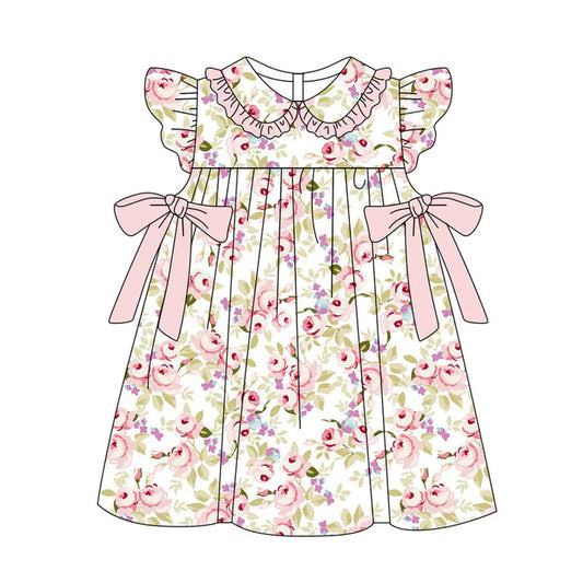 Preorder(moq 5) Baby Girls Flutter Sleeve Pink Flowers Bows Knee Length Dresses 11.11