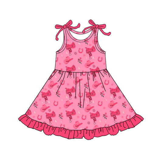 Preorder (moq 5)Baby Girls Bows Sleeveless Pink Hats Flowers Western Ruffle Knee Length Dresses 12.18